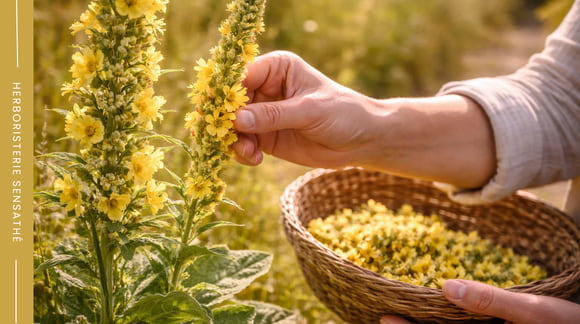 Récolte artisanale des fleurs de bouillon-blanc utilisées en herboristerie pour les voies respiratoires et la gorge - Herboristerie Sensathé Récolte artisanale des fleurs de bouillon-blanc utilisées en herboristerie pour les voies respiratoires et la gorge - Herboristerie Sensathé